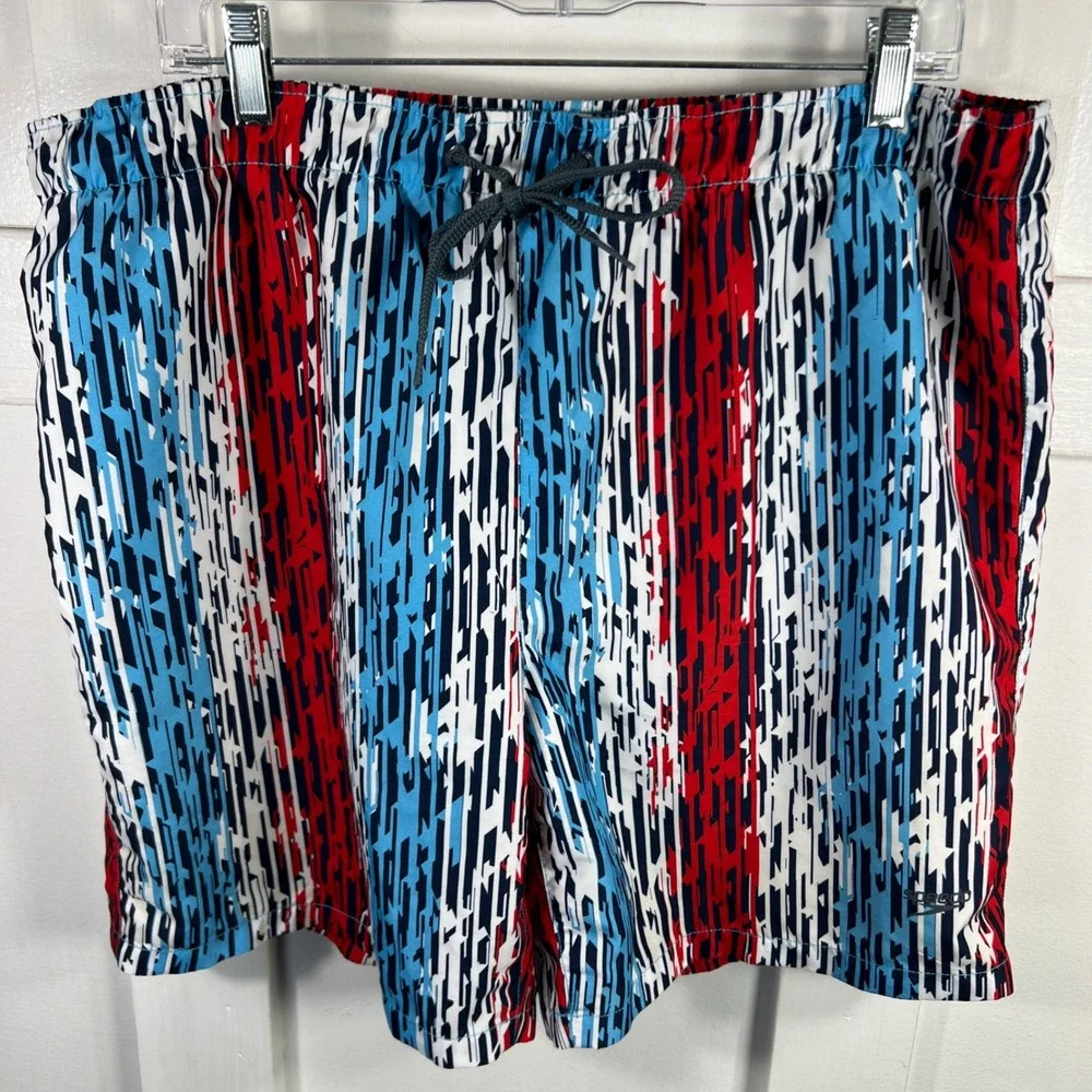 Speedo Mens Swim Trunks Red White Blue Geometric Glitch Print Large L 1678